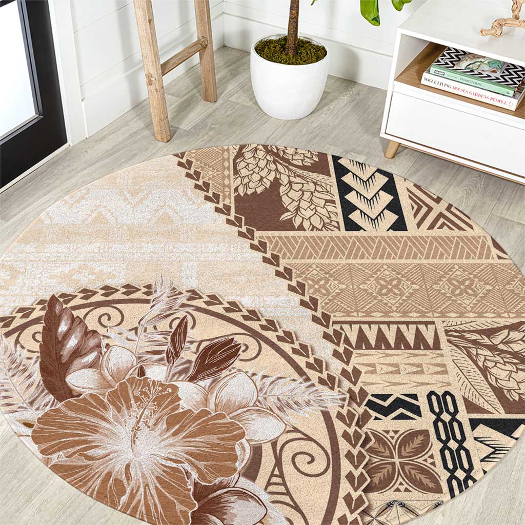 Samoa Siapo Elegant Round Carpet Hibiscus Beige Motifs - Polynesian Pride