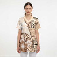 Samoa Siapo Elegant Scrub Top Hibiscus Beige Motifs - Polynesian Pride