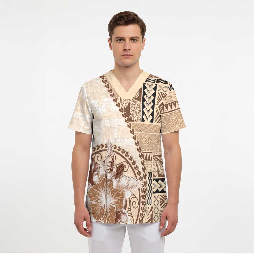 Samoa Siapo Elegant Scrub Top Hibiscus Beige Motifs - Polynesian Pride
