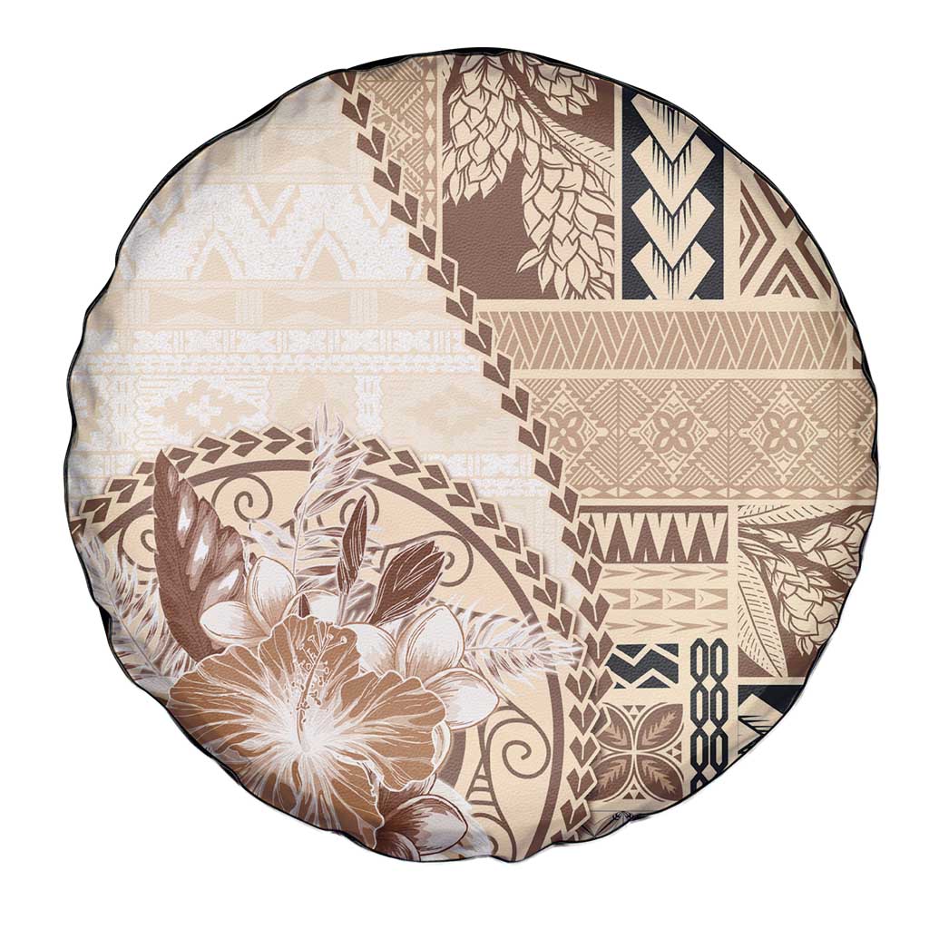 Samoa Siapo Elegant Spare Tire Cover Hibiscus Beige Motifs - Polynesian Pride