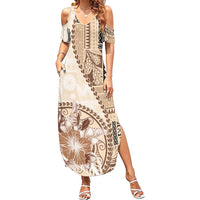 Samoa Siapo Elegant Summer Maxi Dress Hibiscus Beige Motifs - Polynesian Pride