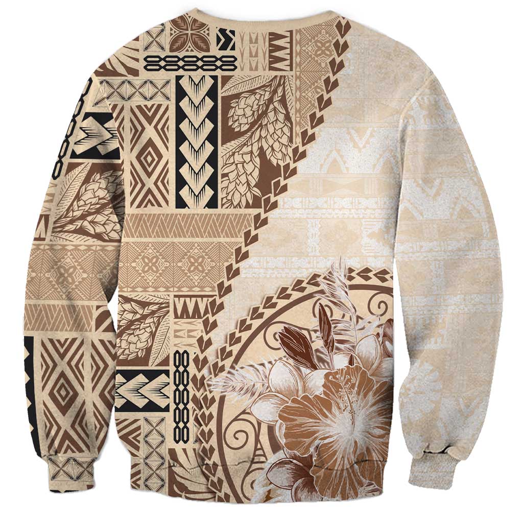 Samoa Siapo Elegant Sweatshirt Hibiscus Beige Motifs - Polynesian Pride
