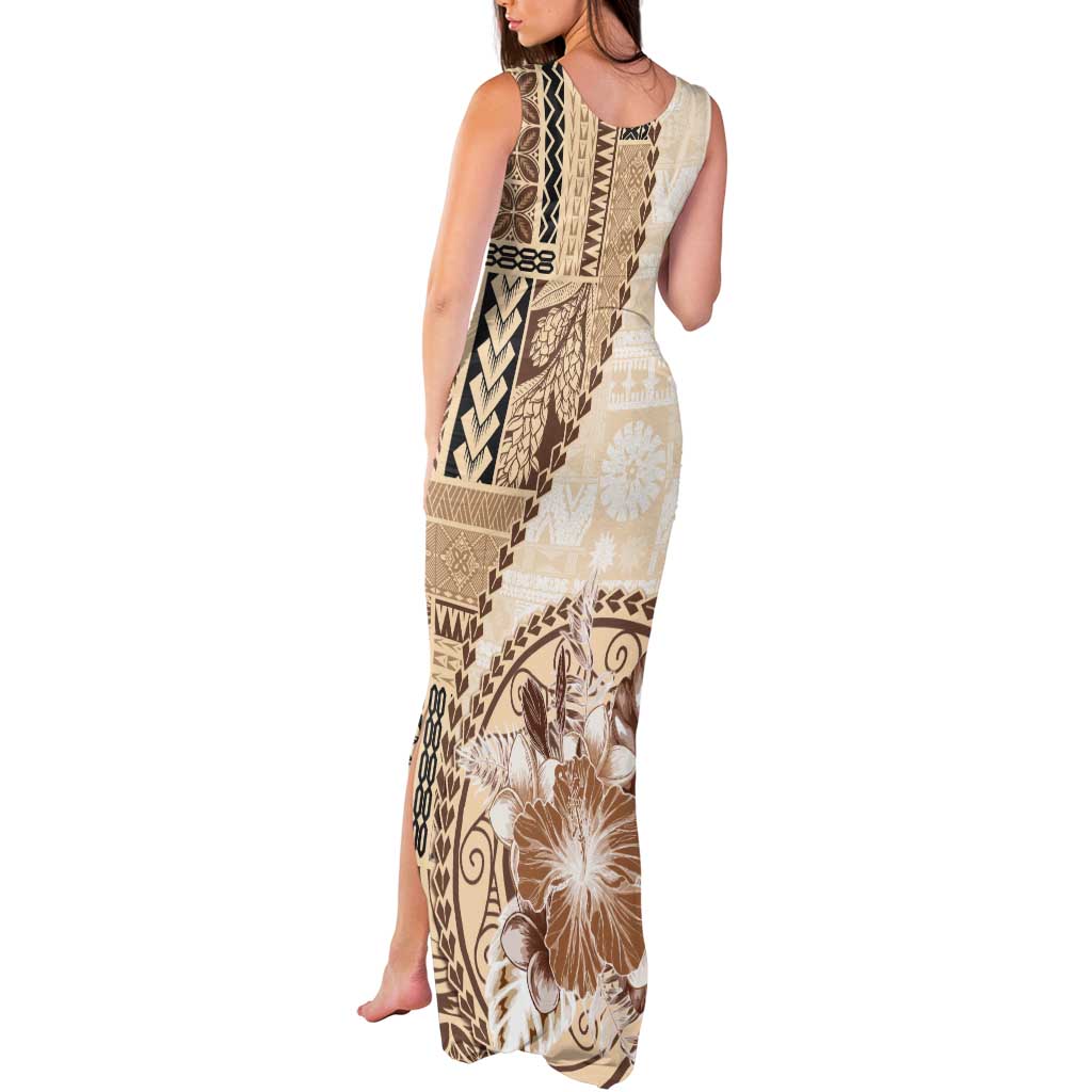 Samoa Siapo Elegant Tank Maxi Dress Hibiscus Beige Motifs - Polynesian Pride