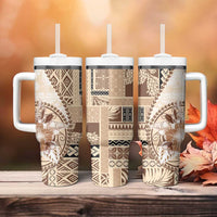 Samoa Siapo Elegant Tumbler With Handle Hibiscus Beige Motifs - Polynesian Pride