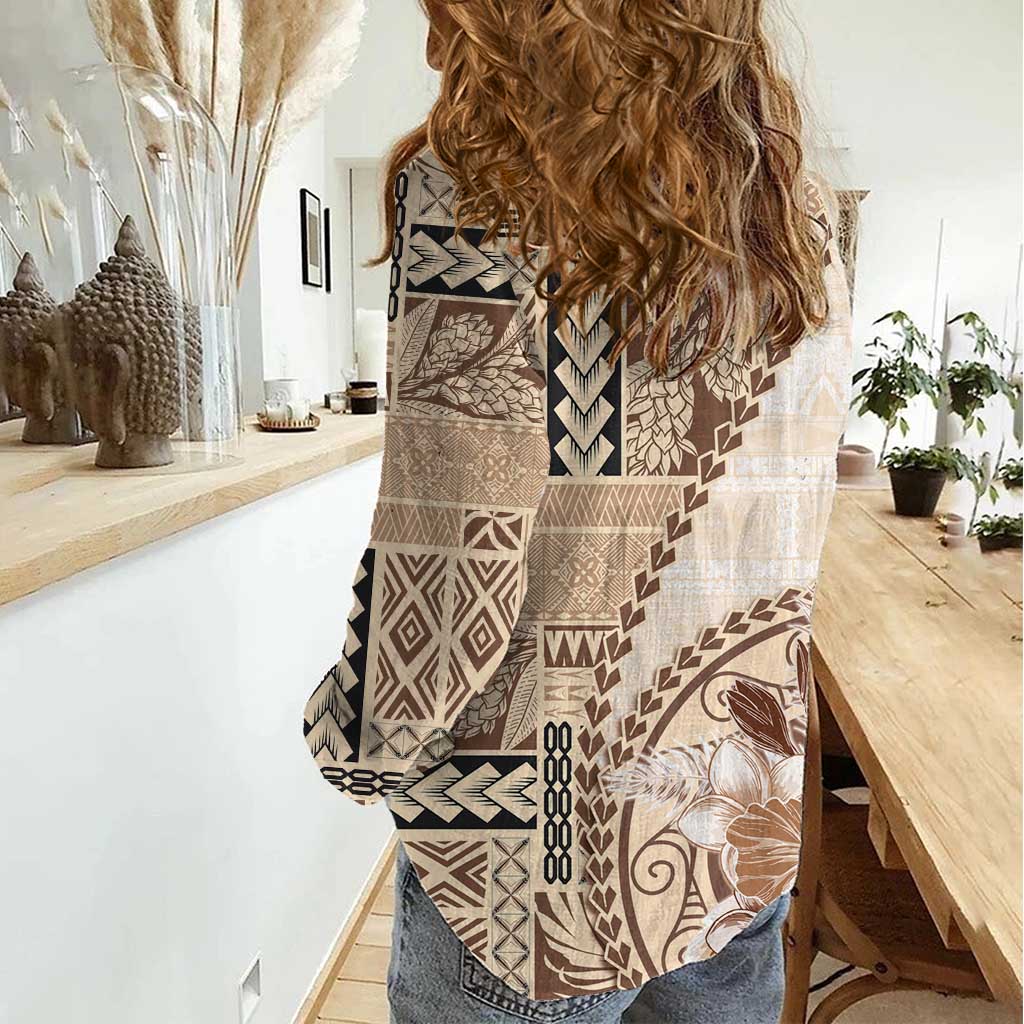 Samoa Siapo Elegant Women Casual Shirt Hibiscus Beige Motifs - Polynesian Pride