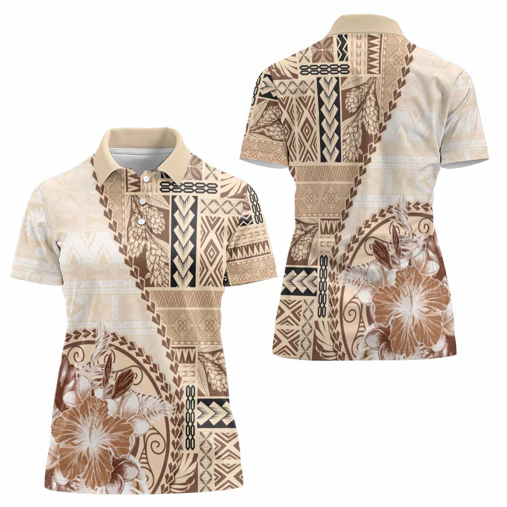 Samoa Siapo Elegant Women Polo Shirt Hibiscus Beige Motifs - Polynesian Pride