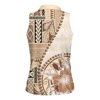 Samoa Siapo Elegant Women Sleeveless Polo Shirt Hibiscus Beige Motifs - Polynesian Pride