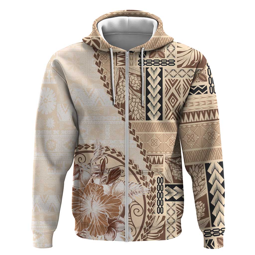 Samoa Siapo Elegant Zip Hoodie Hibiscus Beige Motifs - Polynesian Pride