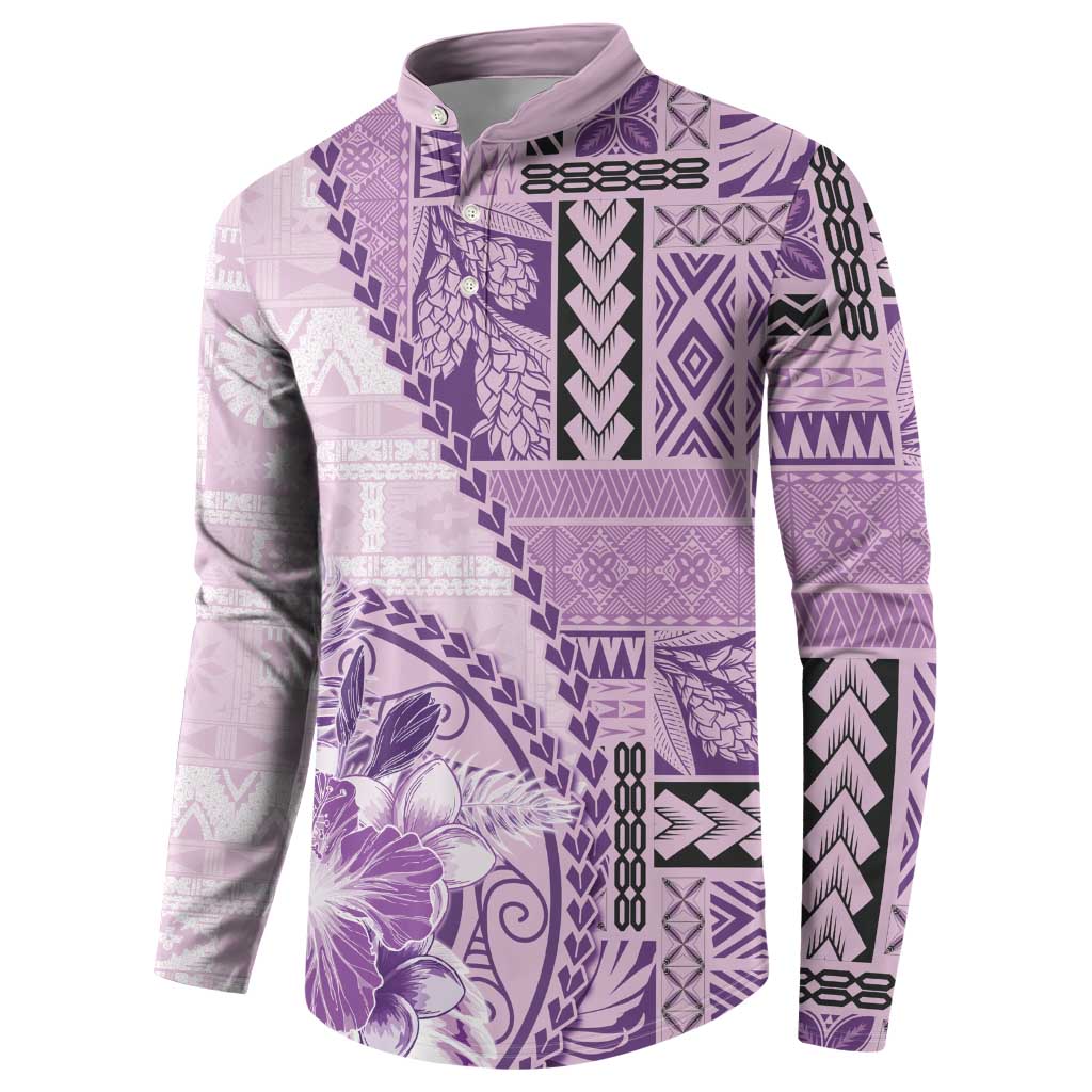 Samoa Siapo Elegant Button Sweatshirt Hibiscus Violet Motifs - Polynesian Pride