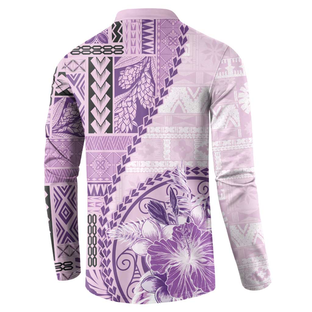 Samoa Siapo Elegant Button Sweatshirt Hibiscus Violet Motifs - Polynesian Pride