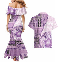 Samoa Siapo Elegant Couples Matching Mermaid Dress and Hawaiian Shirt Hibiscus Violet Motifs - Polynesian Pride
