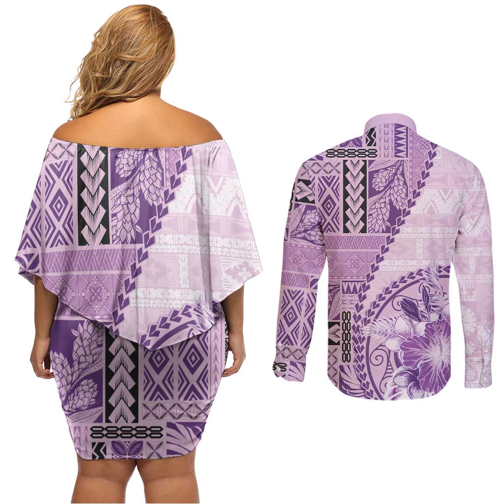 Samoa Siapo Elegant Couples Matching Off Shoulder Short Dress and Long Sleeve Button Shirt Hibiscus Violet Motifs - Polynesian Pride