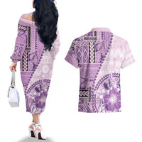 Samoa Siapo Elegant Couples Matching Off The Shoulder Long Sleeve Dress and Hawaiian Shirt Hibiscus Violet Motifs - Polynesian Pride