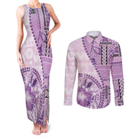 Samoa Siapo Elegant Couples Matching Tank Maxi Dress and Long Sleeve Button Shirt Hibiscus Violet Motifs - Polynesian Pride