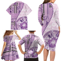 Samoa Siapo Elegant Family Matching Long Sleeve Bodycon Dress and Hawaiian Shirt Hibiscus Violet Motifs - Polynesian Pride