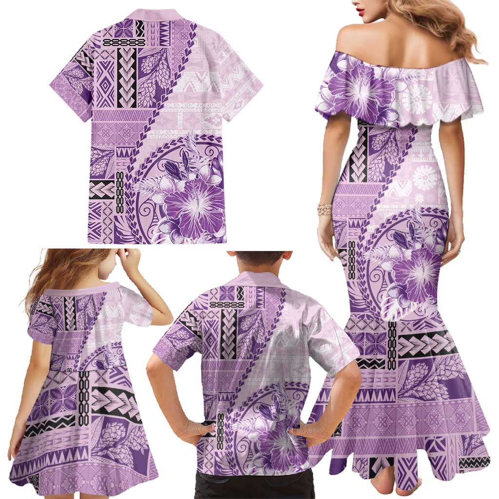 Samoa Siapo Elegant Family Matching Mermaid Dress and Hawaiian Shirt Hibiscus Violet Motifs - Polynesian Pride