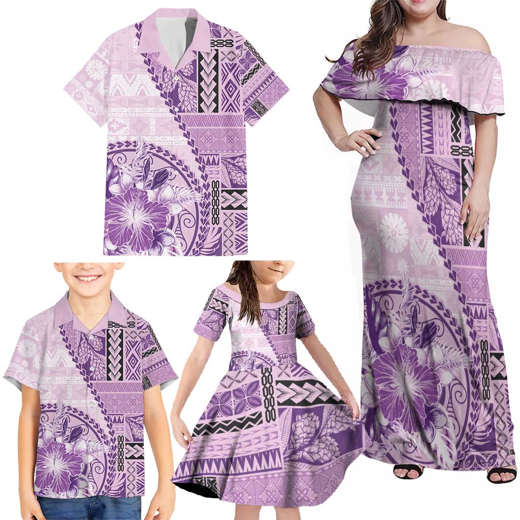 Samoa Siapo Elegant Family Matching Off Shoulder Maxi Dress and Hawaiian Shirt Hibiscus Violet Motifs - Polynesian Pride