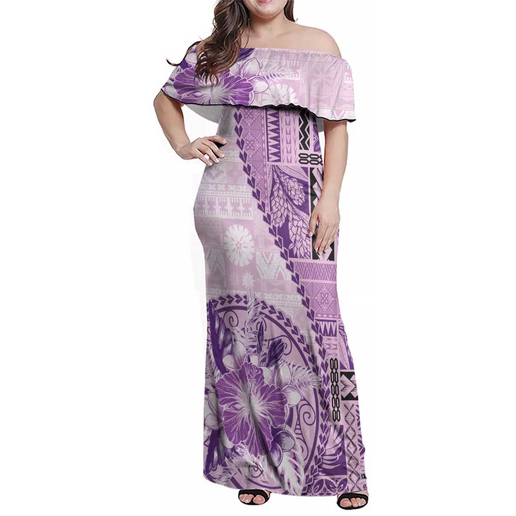 Samoa Siapo Elegant Family Matching Off Shoulder Maxi Dress and Hawaiian Shirt Hibiscus Violet Motifs - Polynesian Pride