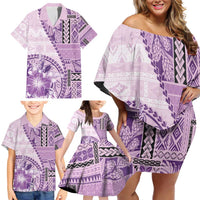 Samoa Siapo Elegant Family Matching Off Shoulder Short Dress and Hawaiian Shirt Hibiscus Violet Motifs - Polynesian Pride