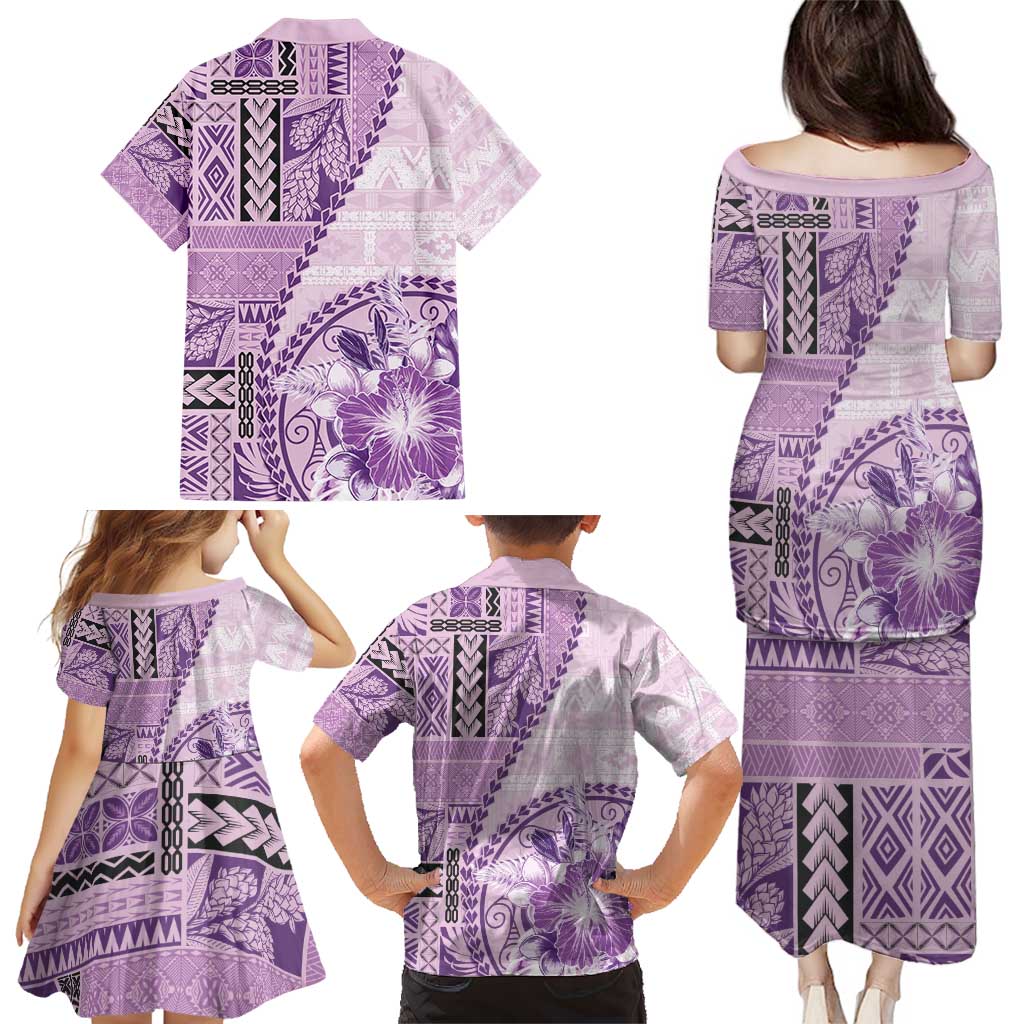 Samoa Siapo Elegant Family Matching Puletasi and Hawaiian Shirt Hibiscus Violet Motifs - Polynesian Pride