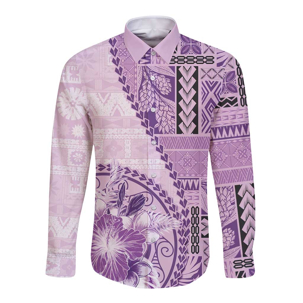 Samoa Siapo Elegant Long Sleeve Button Shirt Hibiscus Violet Motifs - Polynesian Pride