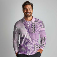 Samoa Siapo Elegant Long Sleeve Polo Shirt Hibiscus Violet Motifs - Polynesian Pride