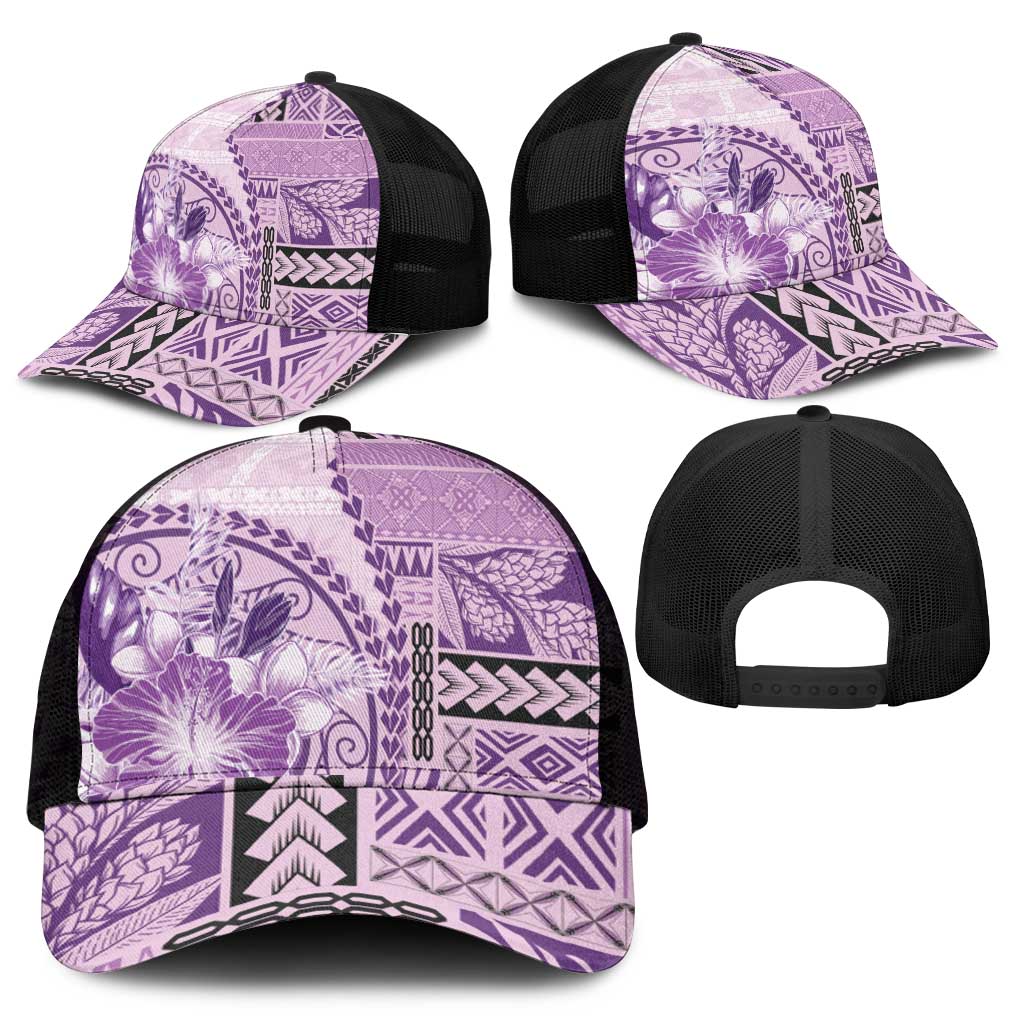 Samoa Siapo Elegant Mesh Trucker Cap Hibiscus Violet Motifs - Polynesian Pride