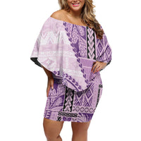 Samoa Siapo Elegant Off Shoulder Short Dress Hibiscus Violet Motifs - Polynesian Pride