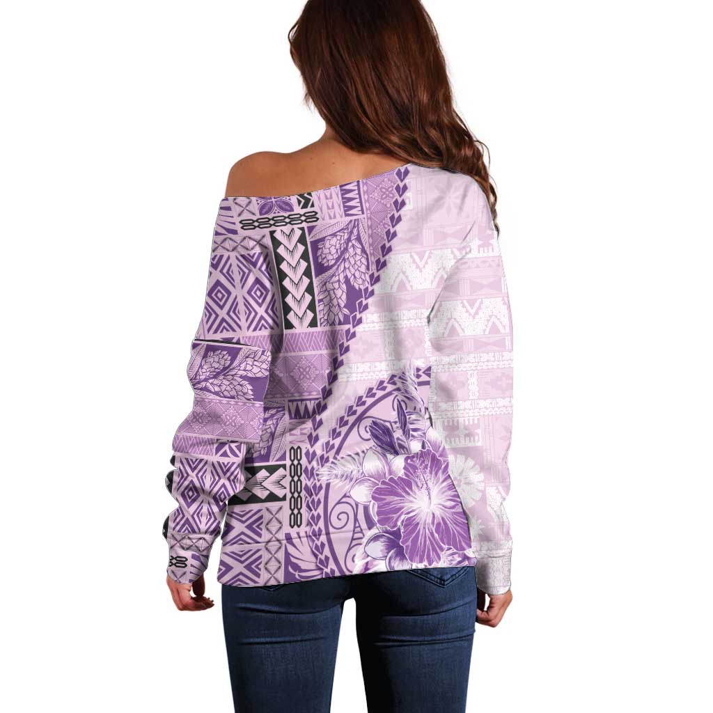 Samoa Siapo Elegant Off Shoulder Sweater Hibiscus Violet Motifs - Polynesian Pride