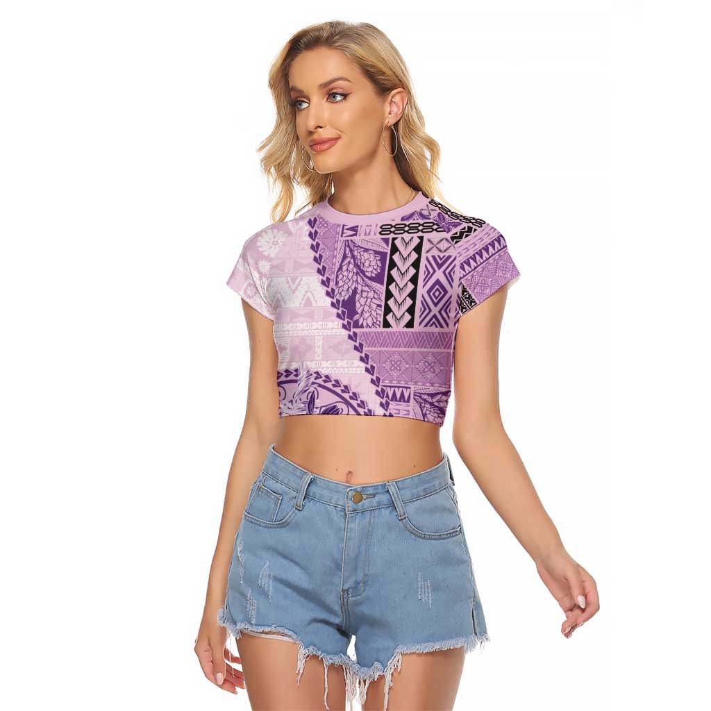 Samoa Siapo Elegant Raglan Cropped T Shirt Hibiscus Violet Motifs - Polynesian Pride