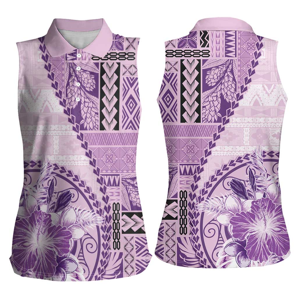 Samoa Siapo Elegant Women Sleeveless Polo Shirt Hibiscus Violet Motifs - Polynesian Pride