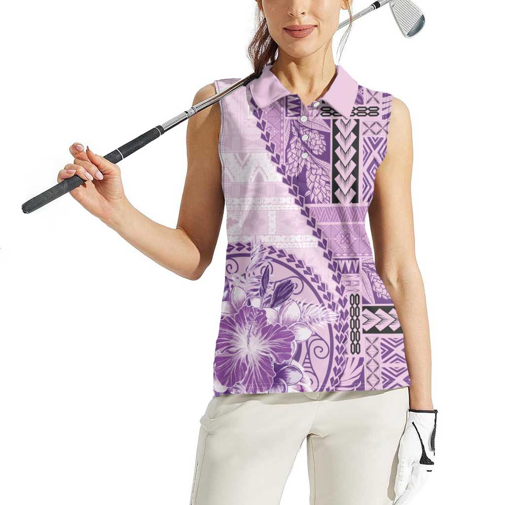 Samoa Siapo Elegant Women Sleeveless Polo Shirt Hibiscus Violet Motifs - Polynesian Pride
