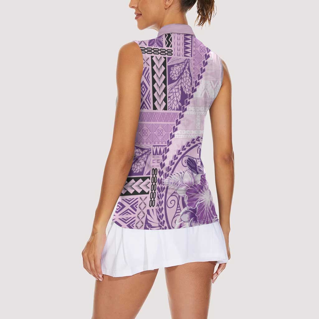 Samoa Siapo Elegant Women Sleeveless Polo Shirt Hibiscus Violet Motifs - Polynesian Pride