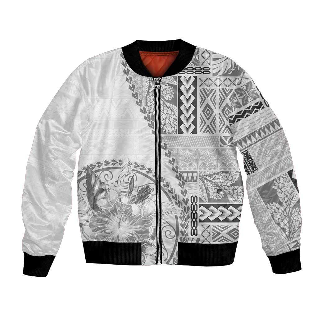 Samoa Siapo Elegant Bomber Jacket Hibiscus White Motifs - Polynesian Pride