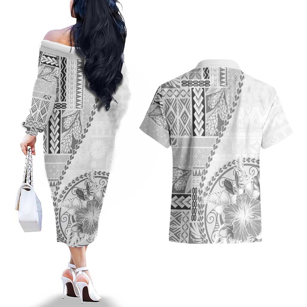Samoa Siapo Elegant Couples Matching Off The Shoulder Long Sleeve Dress and Hawaiian Shirt Hibiscus White Motifs - Polynesian Pride