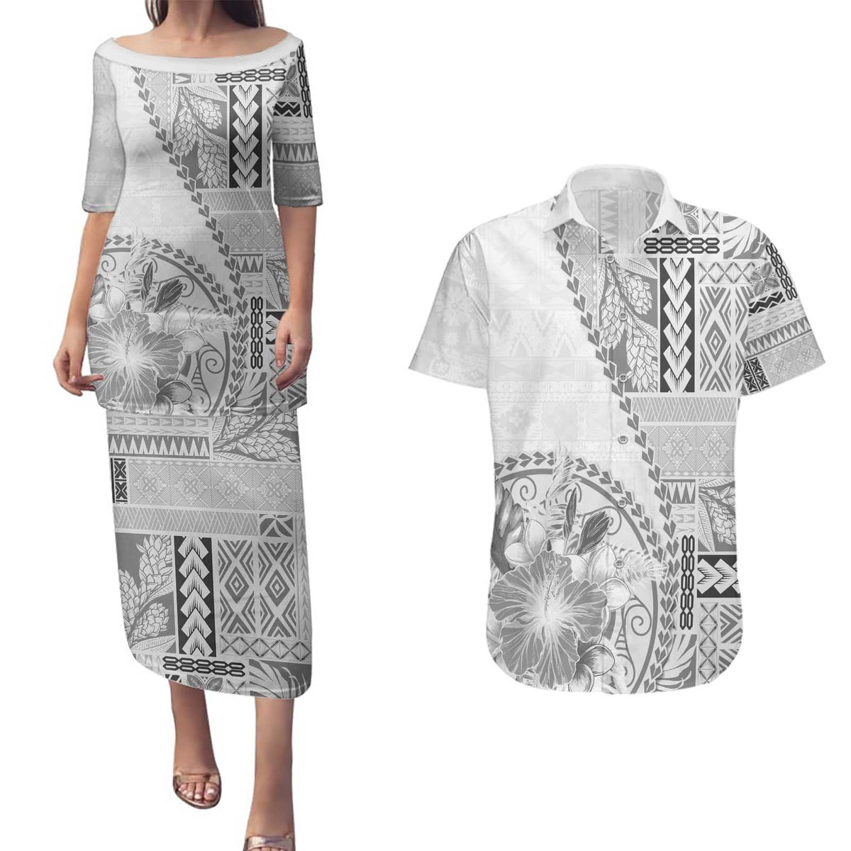 Samoa Siapo Elegant Couples Matching Puletasi and Hawaiian Shirt Hibiscus White Motifs - Polynesian Pride