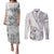 Samoa Siapo Elegant Couples Matching Puletasi and Long Sleeve Button Shirt Hibiscus White Motifs - Polynesian Pride