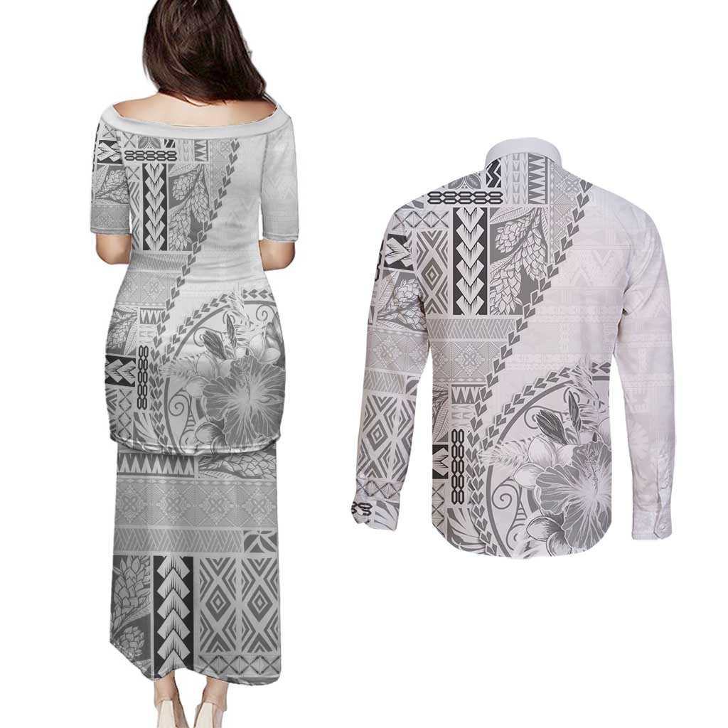 Samoa Siapo Elegant Couples Matching Puletasi and Long Sleeve Button Shirt Hibiscus White Motifs - Polynesian Pride