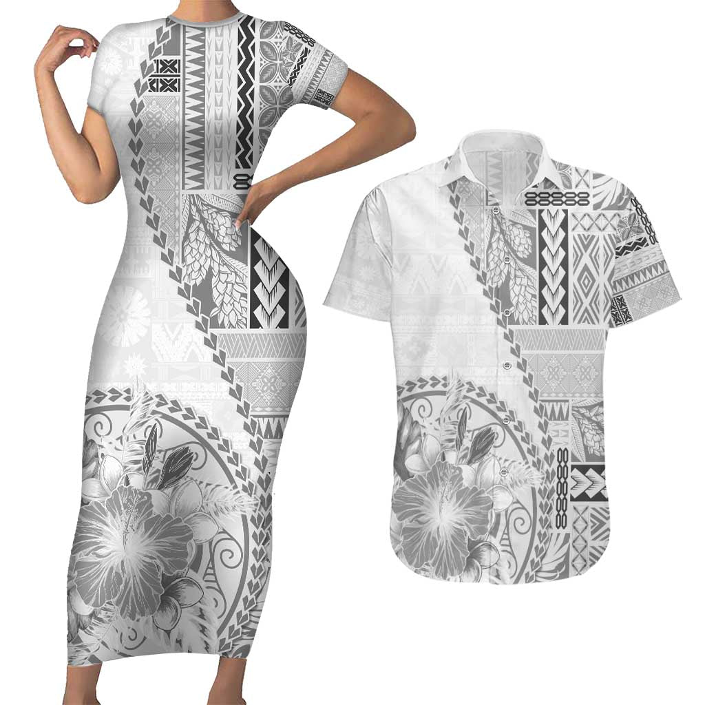 Samoa Siapo Elegant Couples Matching Short Sleeve Bodycon Dress and Hawaiian Shirt Hibiscus White Motifs - Polynesian Pride