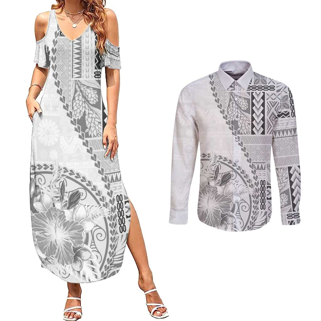 Samoa Siapo Elegant Couples Matching Summer Maxi Dress and Long Sleeve Button Shirt Hibiscus White Motifs - Polynesian Pride