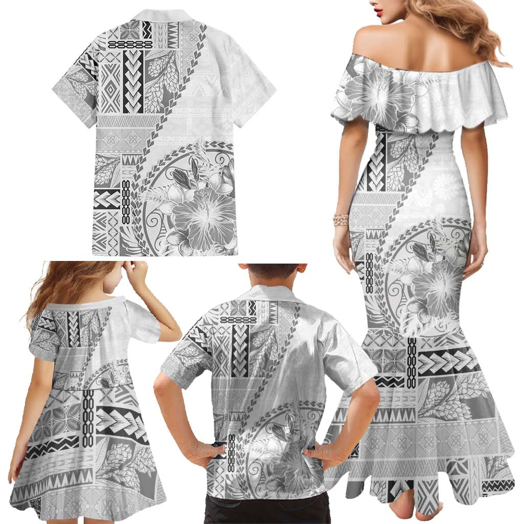 Samoa Siapo Elegant Family Matching Mermaid Dress and Hawaiian Shirt Hibiscus White Motifs - Polynesian Pride