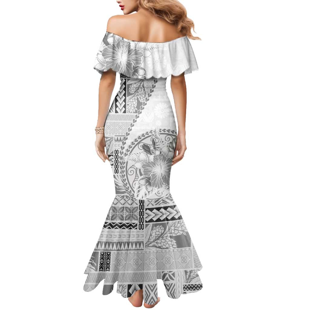Samoa Siapo Elegant Family Matching Mermaid Dress and Hawaiian Shirt Hibiscus White Motifs - Polynesian Pride