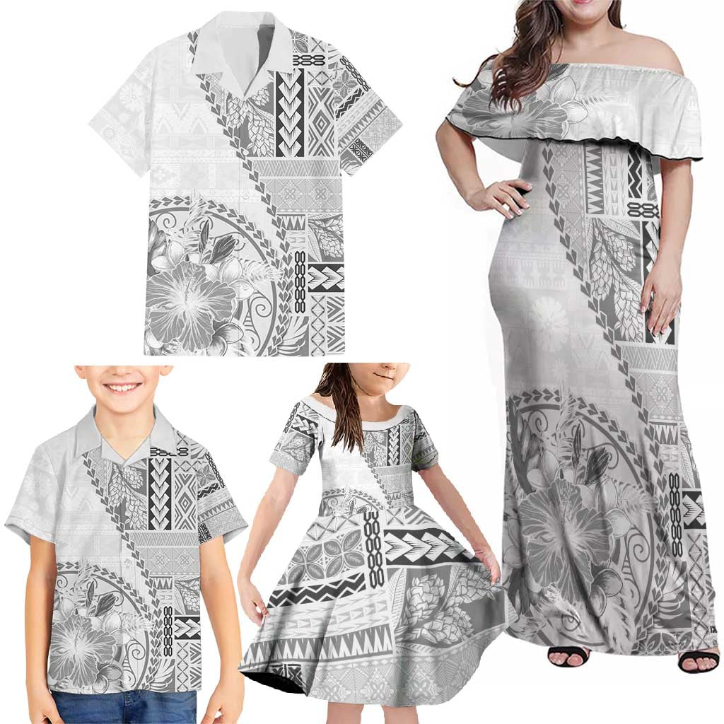 Samoa Siapo Elegant Family Matching Off Shoulder Maxi Dress and Hawaiian Shirt Hibiscus White Motifs - Polynesian Pride