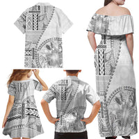 Samoa Siapo Elegant Family Matching Off Shoulder Maxi Dress and Hawaiian Shirt Hibiscus White Motifs - Polynesian Pride