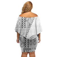 Samoa Siapo Elegant Family Matching Off Shoulder Short Dress and Hawaiian Shirt Hibiscus White Motifs - Polynesian Pride