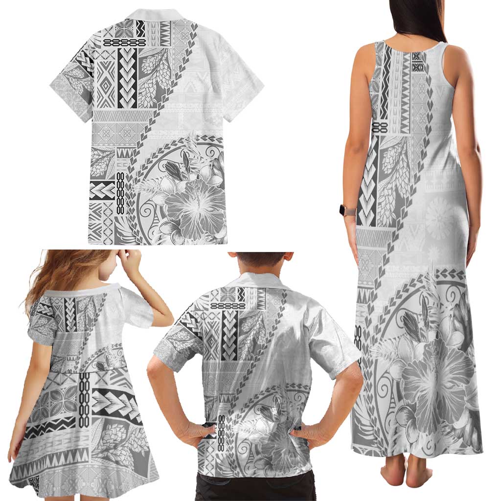Samoa Siapo Elegant Family Matching Tank Maxi Dress and Hawaiian Shirt Hibiscus White Motifs - Polynesian Pride