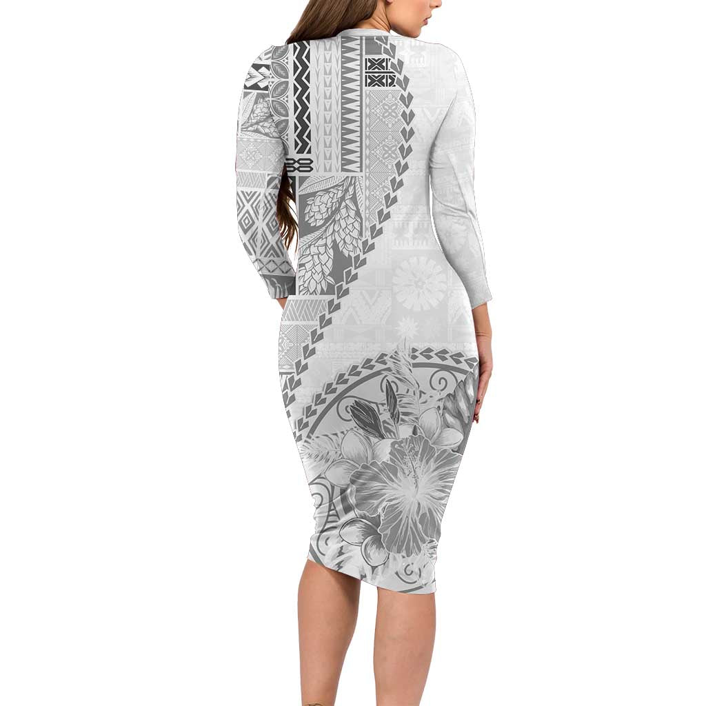 Samoa Siapo Elegant Long Sleeve Bodycon Dress Hibiscus White Motifs - Polynesian Pride