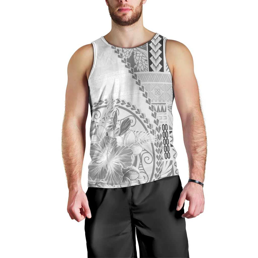 Samoa Siapo Elegant Men Tank Top Hibiscus White Motifs - Polynesian Pride