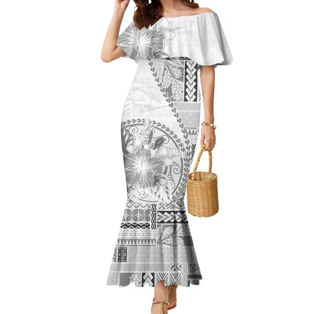 Samoa Siapo Elegant Mermaid Dress Hibiscus White Motifs - Polynesian Pride