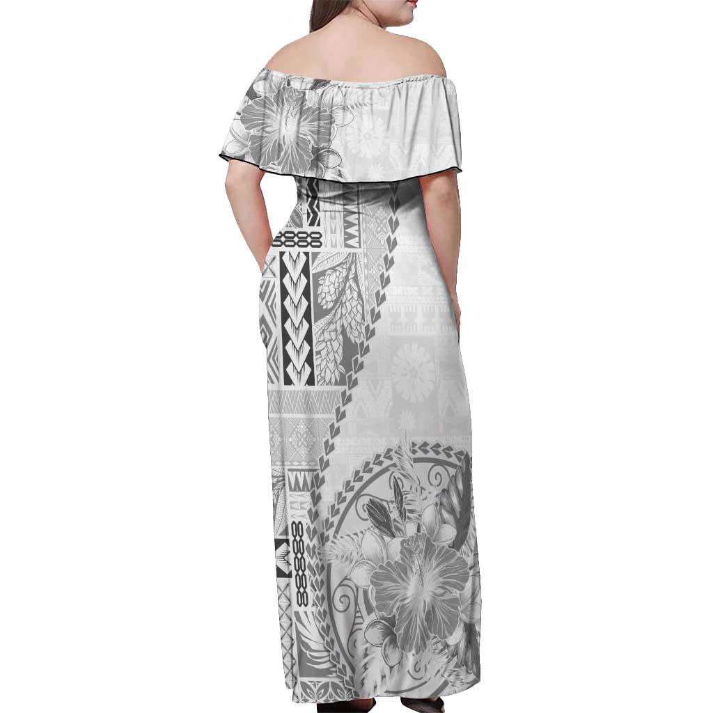 Samoa Siapo Elegant Off Shoulder Maxi Dress Hibiscus White Motifs - Polynesian Pride